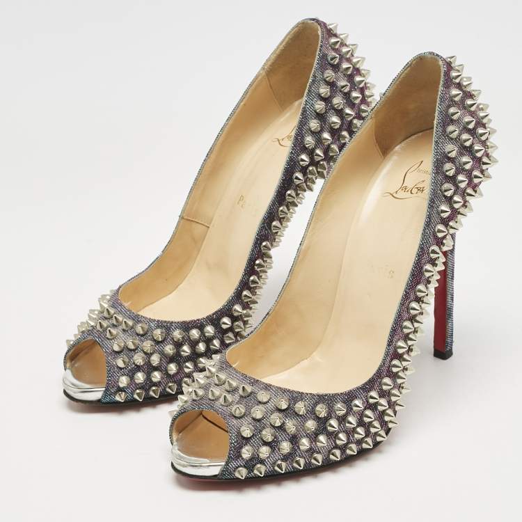 Pre Owned Christian Louboutin Multicolor Metallic Lurex Fabric Yolanda Spikes Peep Toe Pumps Size 38.5