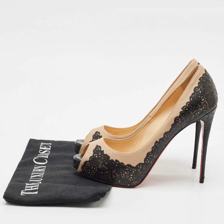 Pre Owned Christian Louboutin Two Tone Laser Cut Lace Patent And Leather Veramucha Peep Toe Pumps Size 37.5