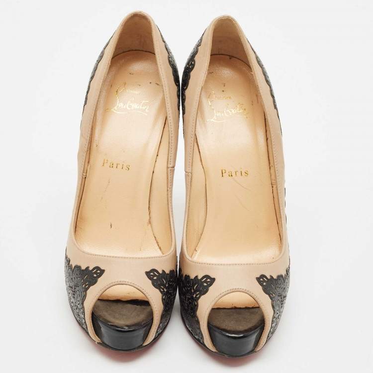 Pre Owned Christian Louboutin Two Tone Laser Cut Lace Patent And Leather Veramucha Peep Toe Pumps Size 37.5