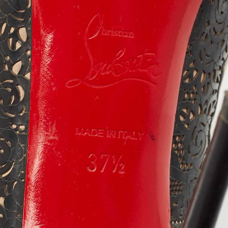 Pre Owned Christian Louboutin Two Tone Laser Cut Lace Patent And Leather Veramucha Peep Toe Pumps Size 37.5