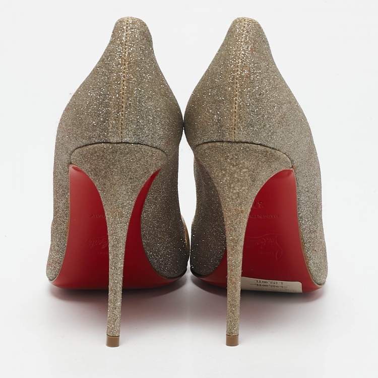Pre Owned Christian Louboutin Metallic Gold Glitter and Leather Front Double Pumps Size 37