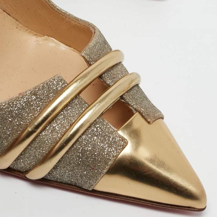 Pre Owned Christian Louboutin Metallic Gold Glitter and Leather Front Double Pumps Size 37