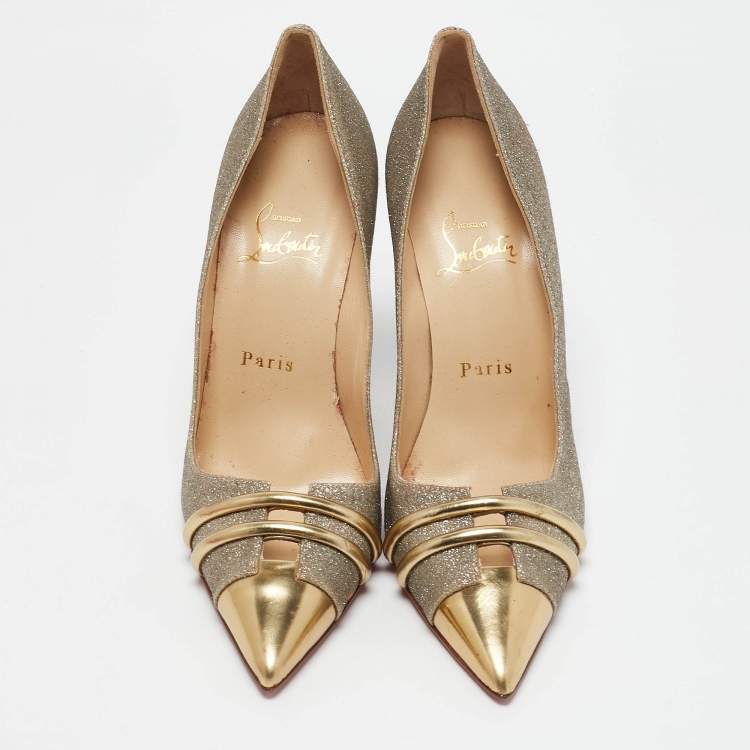Pre Owned Christian Louboutin Metallic Gold Glitter and Leather Front Double Pumps Size 37