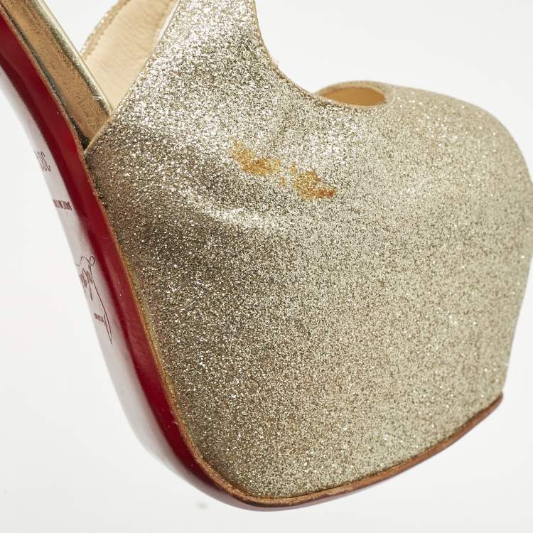 Pre Owned Christian Louboutin Gold Glitter Exagona Platform Sandals Size 38.5