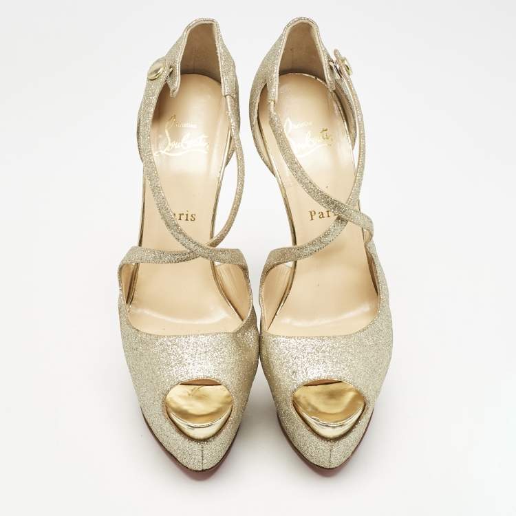 Pre Owned Christian Louboutin Gold Glitter Exagona Platform Sandals Size 38.5