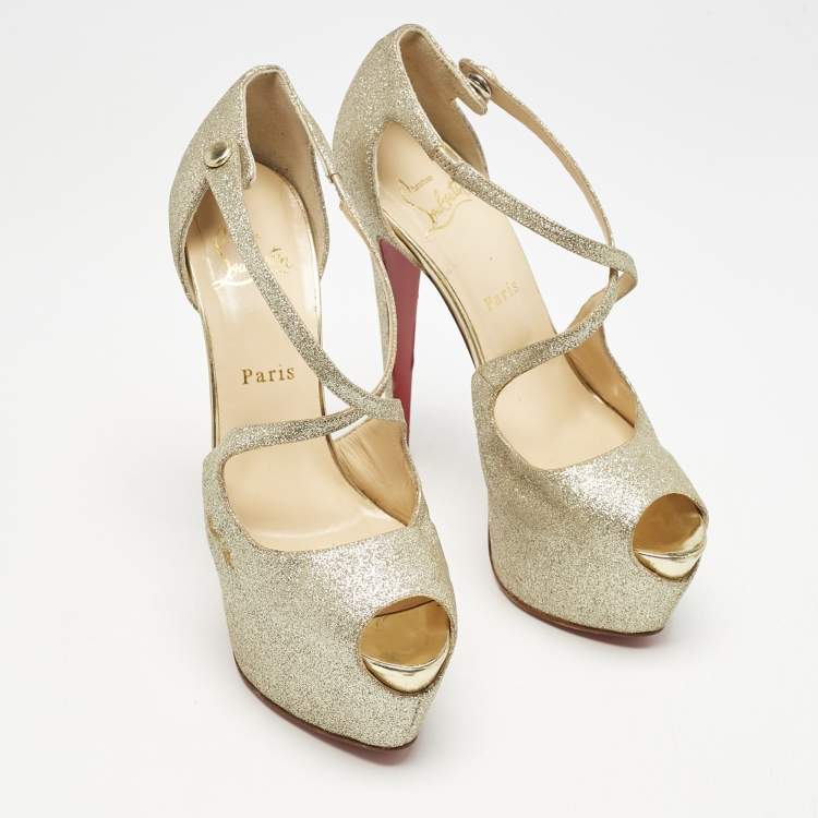 Pre Owned Christian Louboutin Gold Glitter Exagona Platform Sandals Size 38.5
