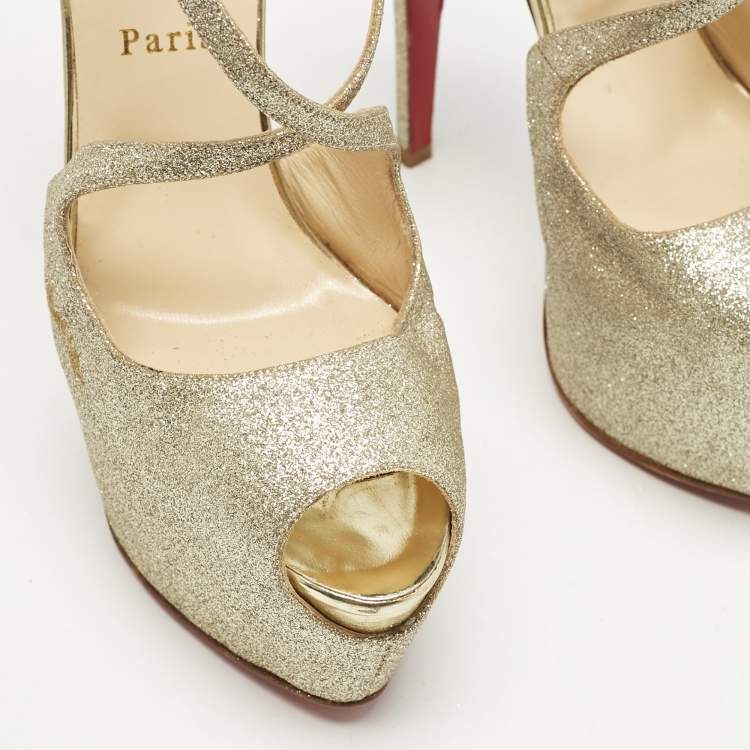 Pre Owned Christian Louboutin Gold Glitter Exagona Platform Sandals Size 38.5