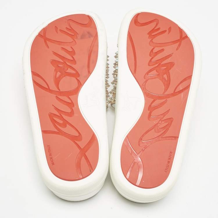 Pre Owned Christian Louboutin White Leather Pool Fun Flat Slides Size 37