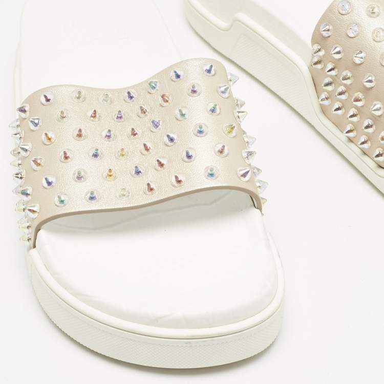 Pre Owned Christian Louboutin White Leather Pool Fun Flat Slides Size 37