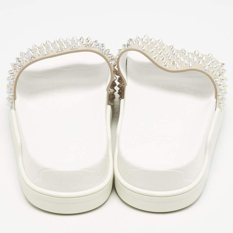 Pre Owned Christian Louboutin White Leather Pool Fun Flat Slides Size 37