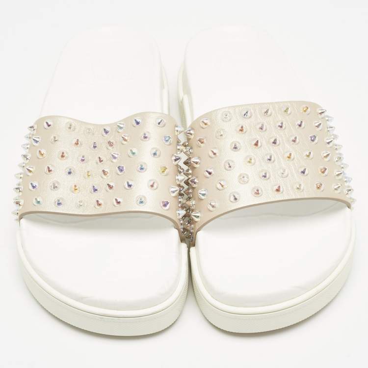 Pre Owned Christian Louboutin White Leather Pool Fun Flat Slides Size 37
