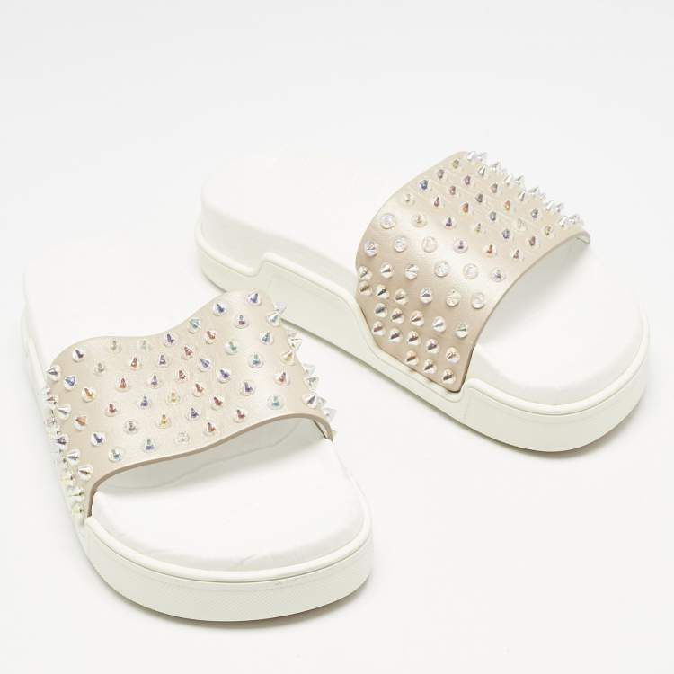Pre Owned Christian Louboutin White Leather Pool Fun Flat Slides Size 37