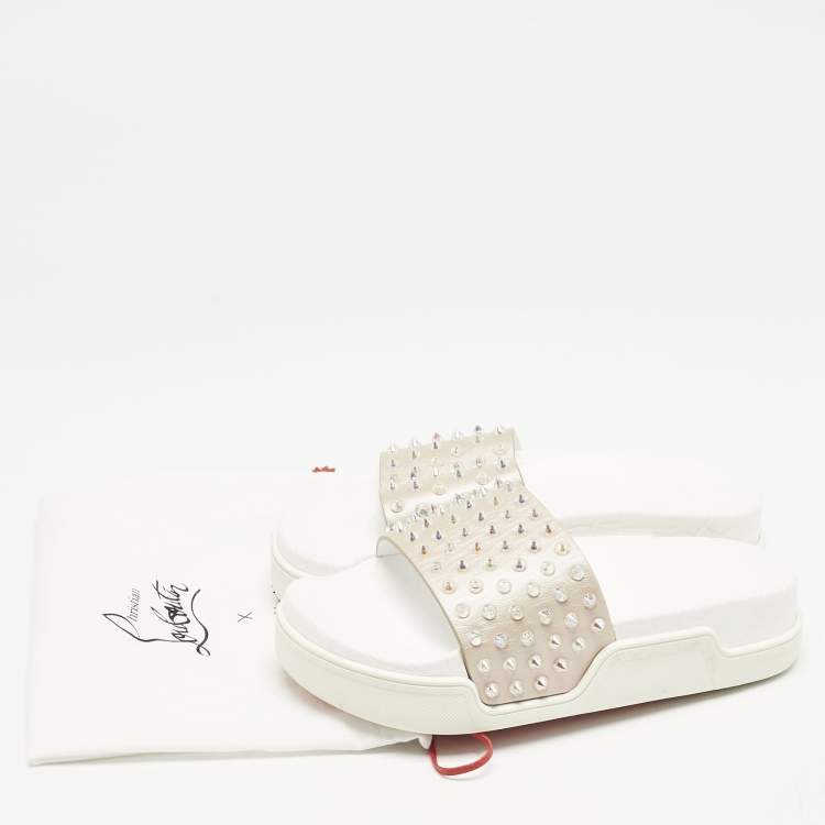 Pre Owned Christian Louboutin White Leather Pool Fun Flat Slides Size 37
