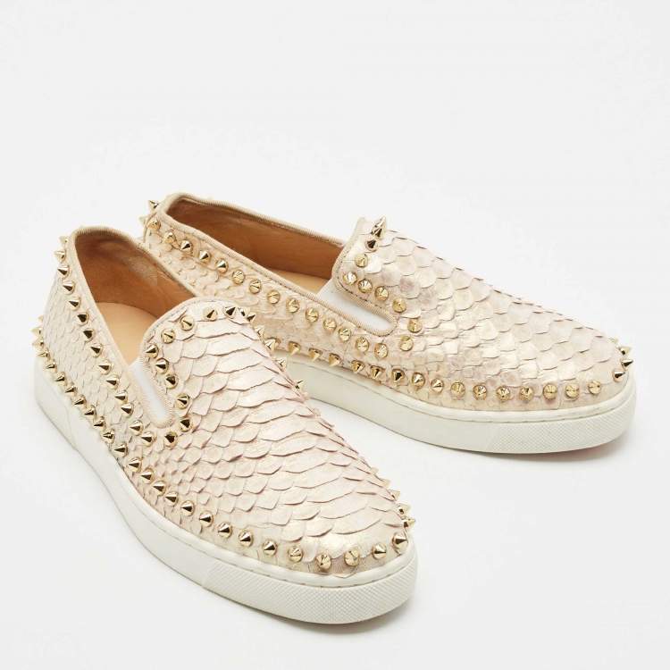 Pre Owned Christian Louboutin Metallic Snakeskin Pik Boat Slip On Sneakers Size 36.5