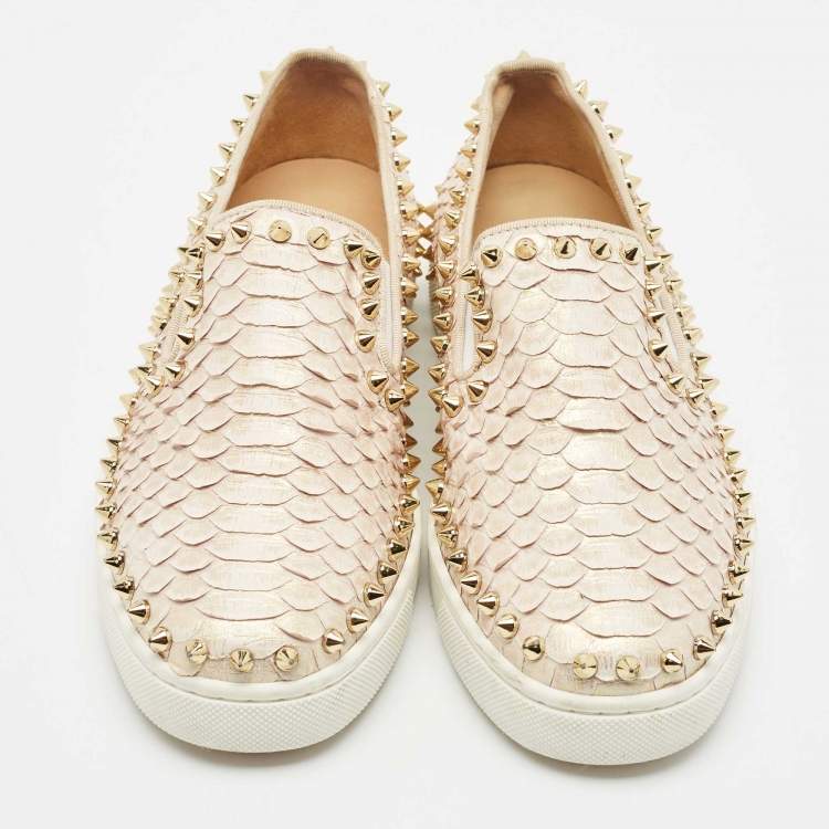 Pre Owned Christian Louboutin Metallic Snakeskin Pik Boat Slip On Sneakers Size 36.5