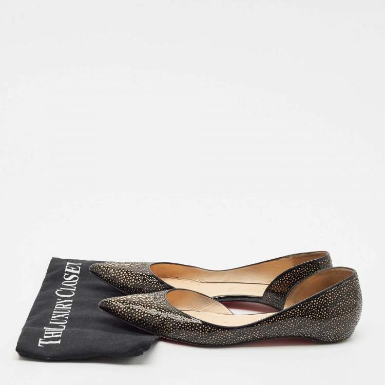 Pre Owned Christian Louboutin Black/Beige Lasercut Patent Leather and Suede D'Orsay Ballet Flats Size 38