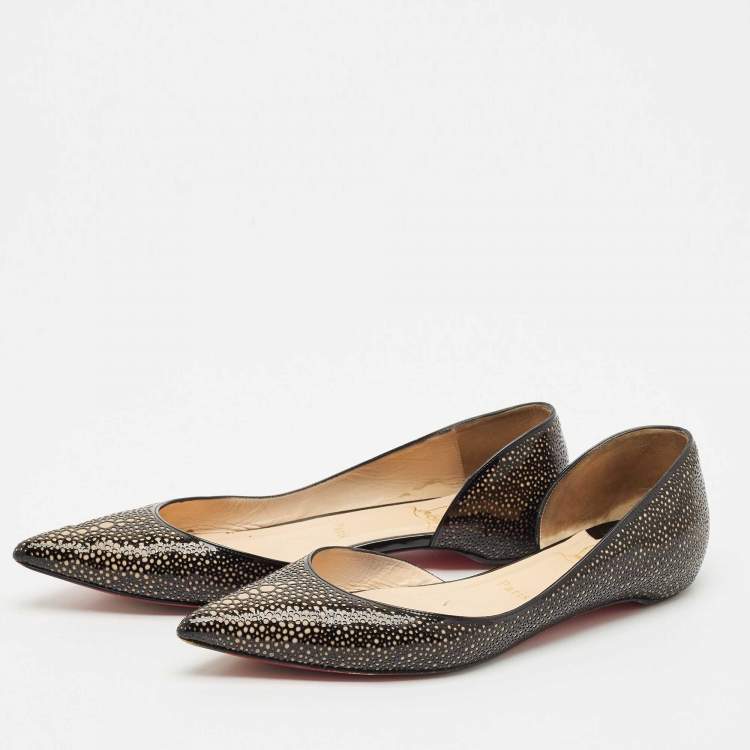 Pre Owned Christian Louboutin Black/Beige Lasercut Patent Leather and Suede D'Orsay Ballet Flats Size 38