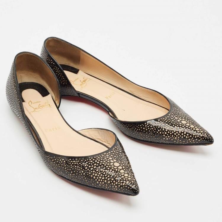 Pre Owned Christian Louboutin Black/Beige Lasercut Patent Leather and Suede D'Orsay Ballet Flats Size 38
