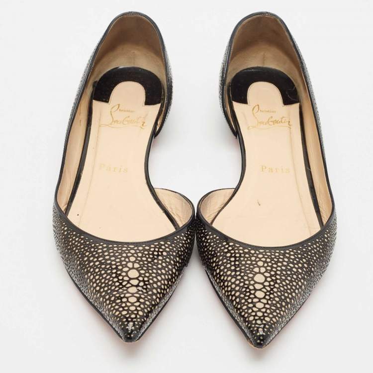 Pre Owned Christian Louboutin Black/Beige Lasercut Patent Leather and Suede D'Orsay Ballet Flats Size 38