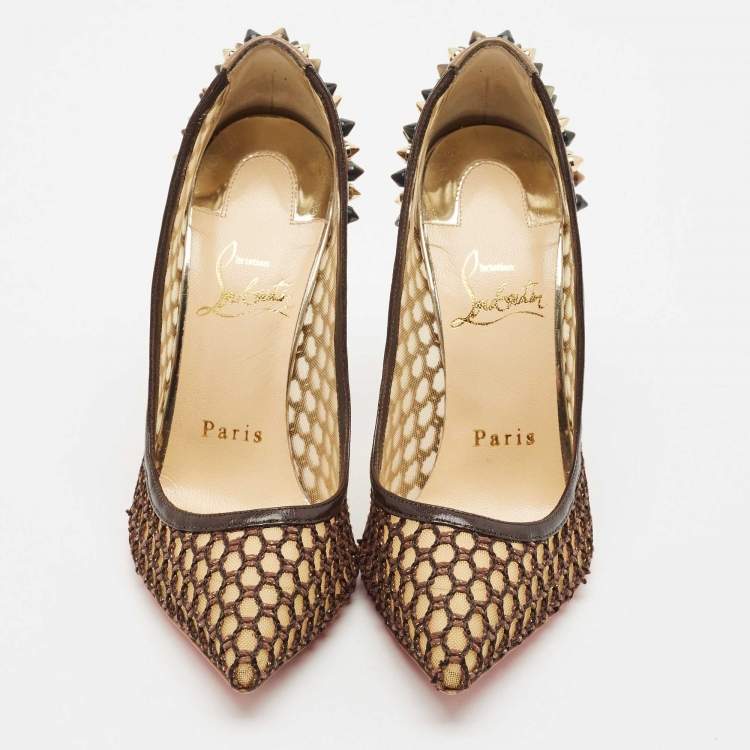 Pre Owned Christian Louboutin Multicolor Mesh and Leather Spikes Guni Pumps Size 35