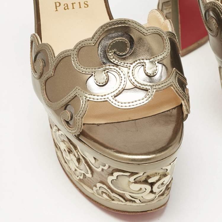 Pre Owned Christian Louboutin Metallic Leather Laser Cut Floral Overlay Houghton Platform Ankle Strap Sandals Size 37.5