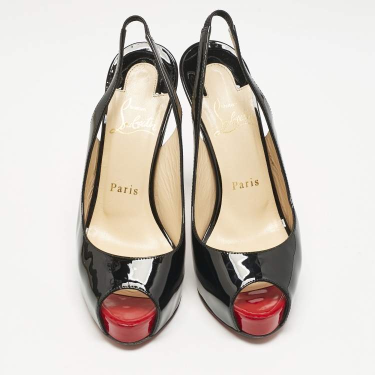 Pre Owned Christian Louboutin Black Patent Leather Private Number Peep Toe Pumps Size 36.5