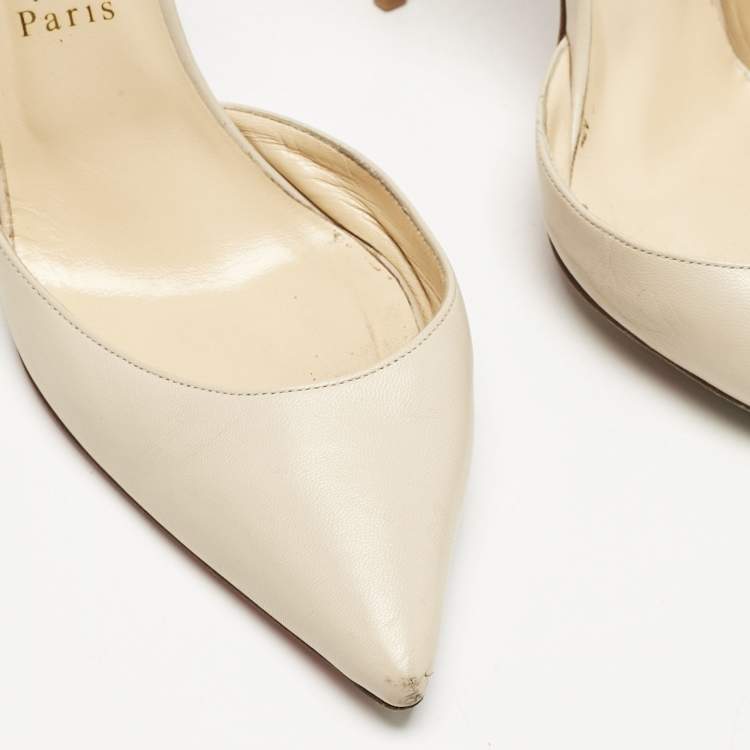 Pre Owned Christian Louboutin Cream Leather Iriza Pointed Toe D'orsay Pumps Size 39.5