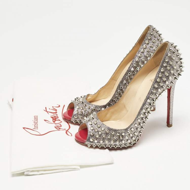 Pre Owned Christian Louboutin Metallic Silver Glitter Yolanda Spike Peep Toe Pumps Size 38.5
