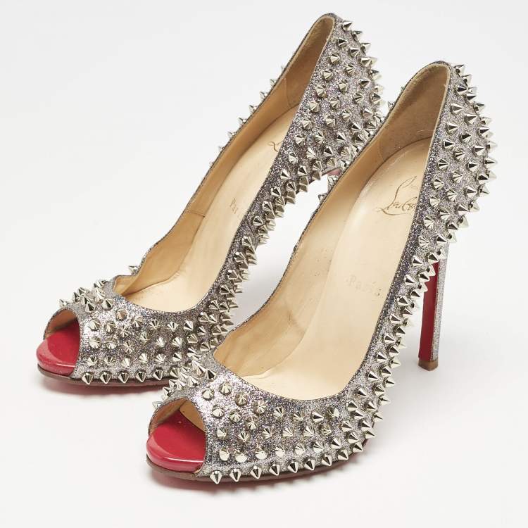 Pre Owned Christian Louboutin Metallic Silver Glitter Yolanda Spike Peep Toe Pumps Size 38.5