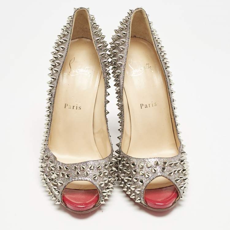 Pre Owned Christian Louboutin Metallic Silver Glitter Yolanda Spike Peep Toe Pumps Size 38.5