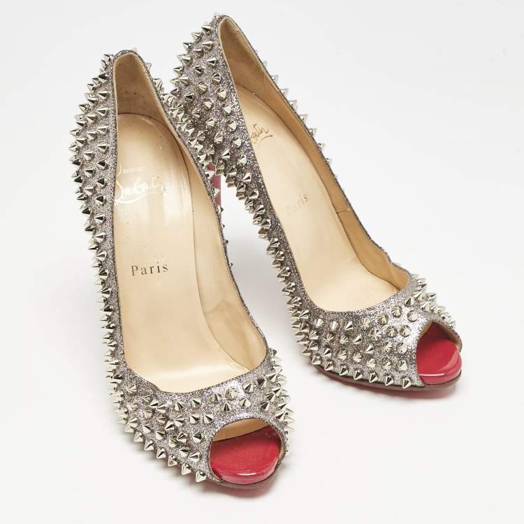 Pre Owned Christian Louboutin Metallic Silver Glitter Yolanda Spike Peep Toe Pumps Size 38.5