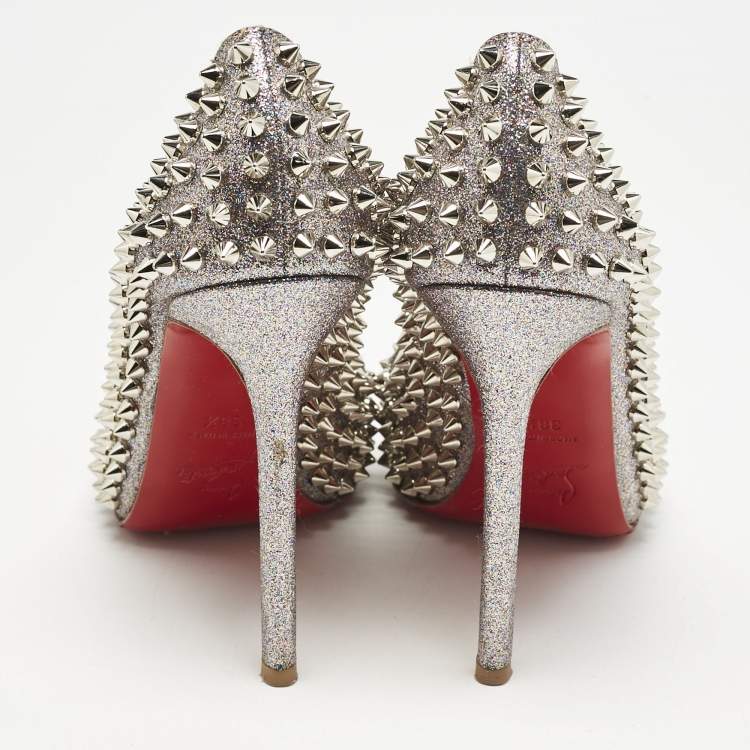 Pre Owned Christian Louboutin Metallic Silver Glitter Yolanda Spike Peep Toe Pumps Size 38.5