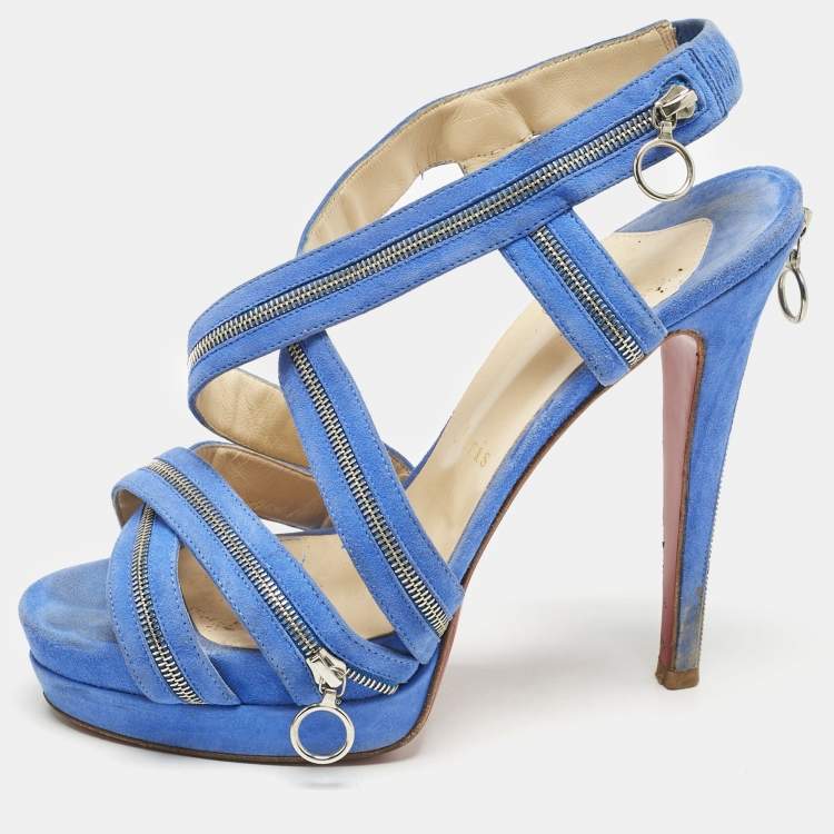 Pre Owned Christian Louboutin Blue Suede Rodita Zipper Detail Platform Sandals Size 38