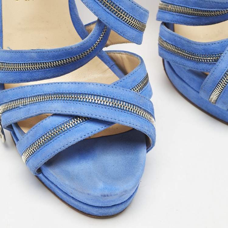 Pre Owned Christian Louboutin Blue Suede Rodita Zipper Detail Platform Sandals Size 38