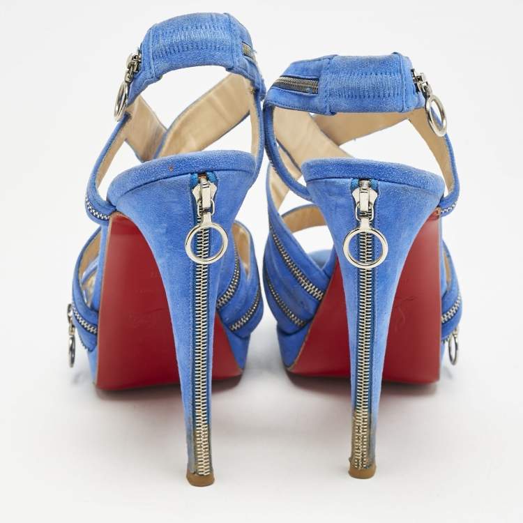Pre Owned Christian Louboutin Blue Suede Rodita Zipper Detail Platform Sandals Size 38