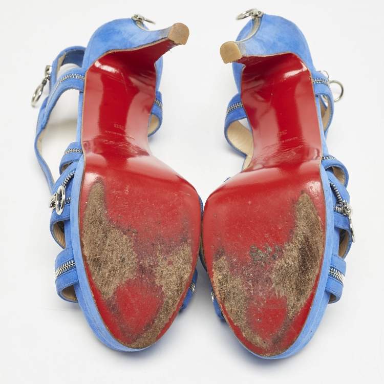Pre Owned Christian Louboutin Blue Suede Rodita Zipper Detail Platform Sandals Size 38