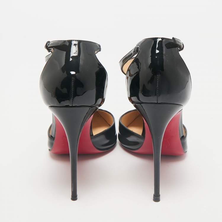 Pre Owned Christian Louboutin Black Patent Leather J String T-Strap Pumps Size 39.5