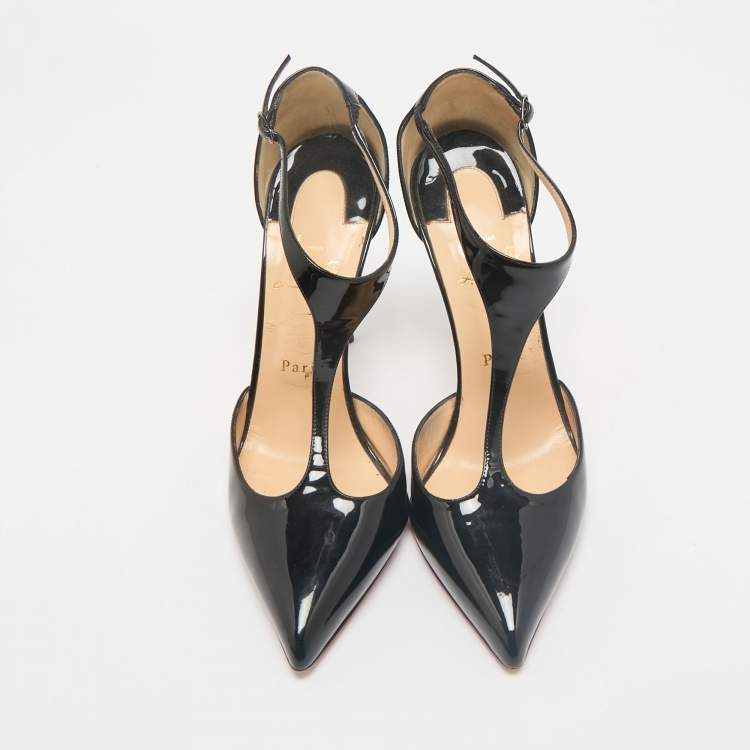 Pre Owned Christian Louboutin Black Patent Leather J String T-Strap Pumps Size 39.5