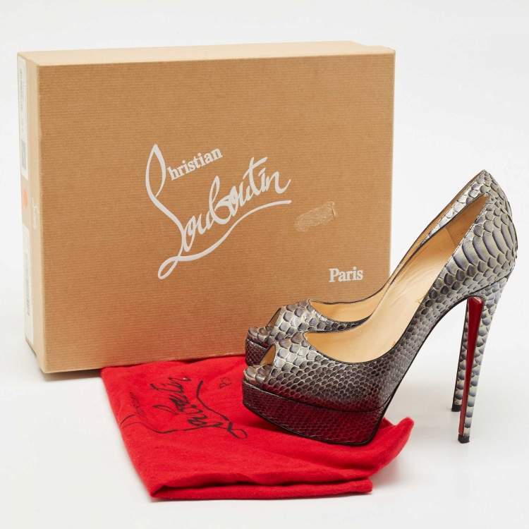 Pre Owned Christian Louboutin Grey/Blue Python Lady Peep Toe Pumps Size 38.5