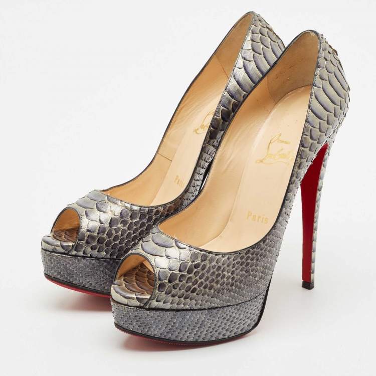 Pre Owned Christian Louboutin Grey/Blue Python Lady Peep Toe Pumps Size 38.5