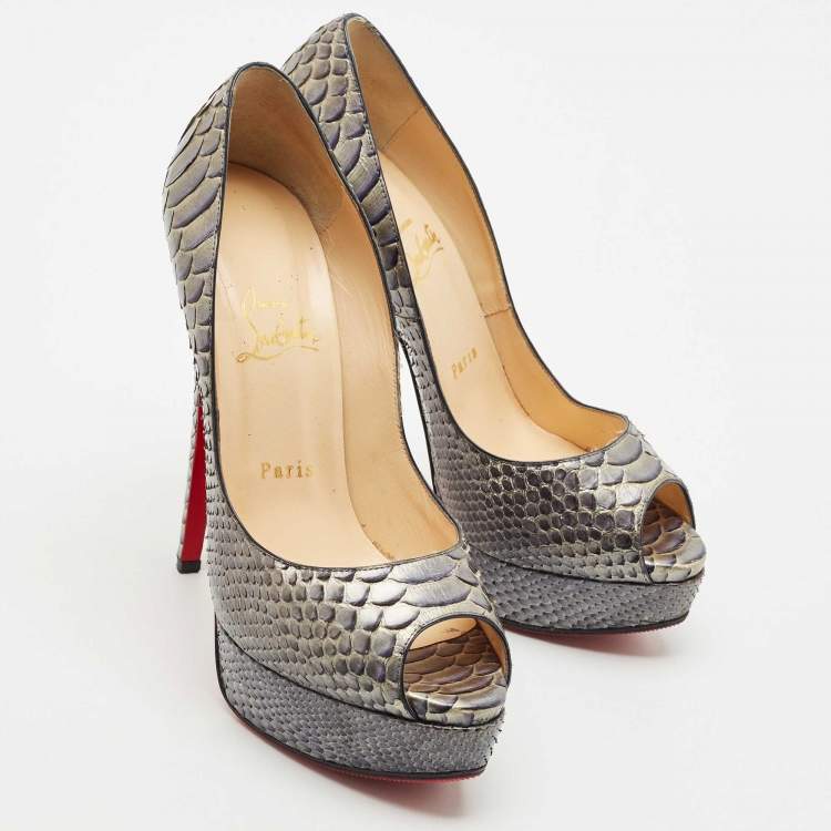 Pre Owned Christian Louboutin Grey/Blue Python Lady Peep Toe Pumps Size 38.5