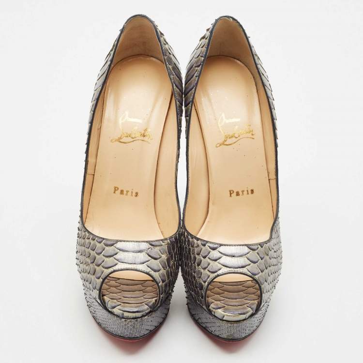 Pre Owned Christian Louboutin Grey/Blue Python Lady Peep Toe Pumps Size 38.5