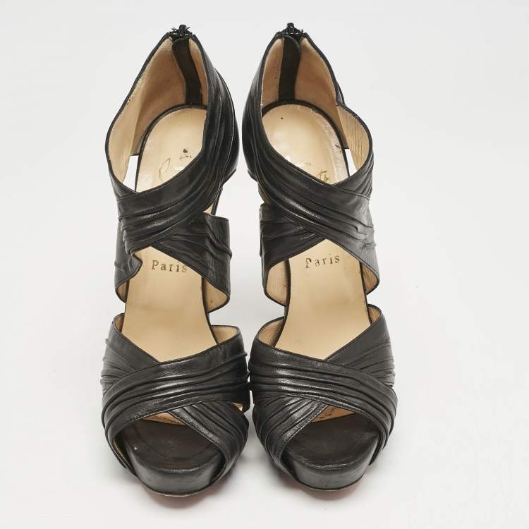 Pre Owned Christian Louboutin Black Pleated Leather Kashou Ankle-Strap Sandals Size 38