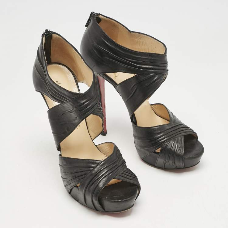 Pre Owned Christian Louboutin Black Pleated Leather Kashou Ankle-Strap Sandals Size 38