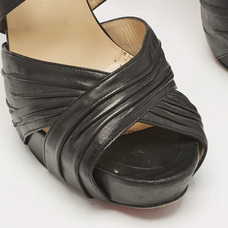 Pre Owned Christian Louboutin Black Pleated Leather Kashou Ankle-Strap Sandals Size 38