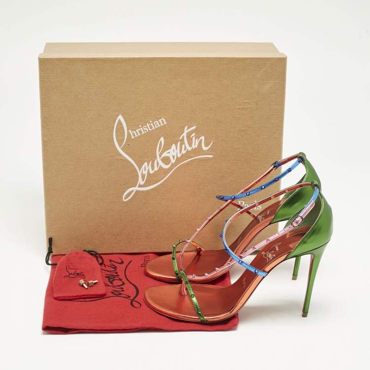 Pre Owned Christian Louboutin Metallic Multicolor Leather Riojana Spikes Sandals Size 38.5