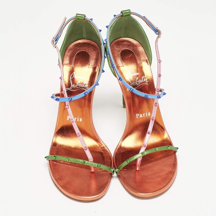 Pre Owned Christian Louboutin Metallic Multicolor Leather Riojana Spikes Sandals Size 38.5