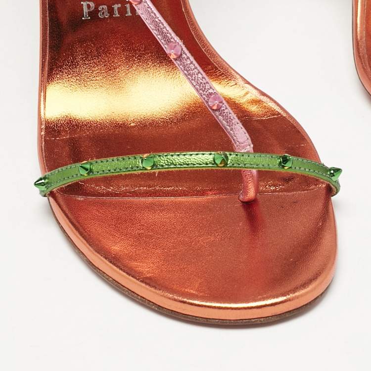 Pre Owned Christian Louboutin Metallic Multicolor Leather Riojana Spikes Sandals Size 38.5