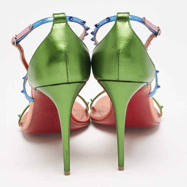 Pre Owned Christian Louboutin Metallic Multicolor Leather Riojana Spikes Sandals Size 38.5