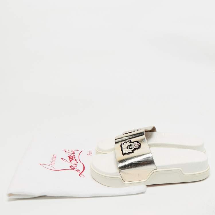 Pre Owned Christian Louboutin Silver Leather Crown Beau Slide Sandals Size 40